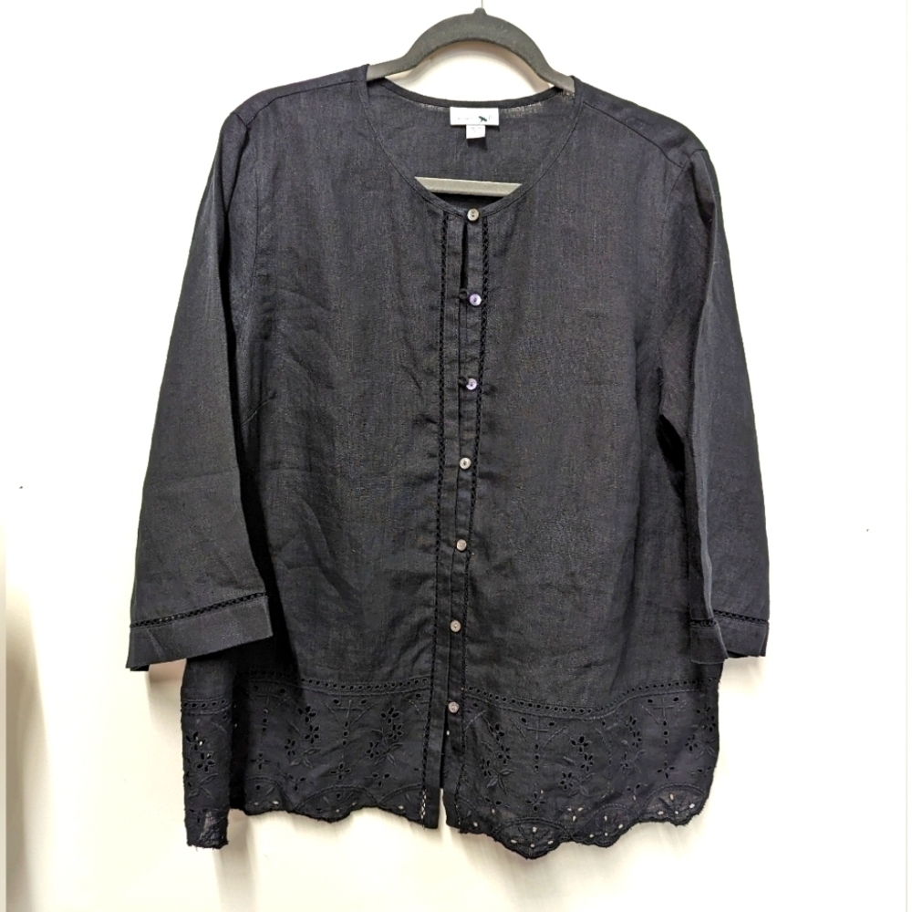 J.jill Black Linen Eyelet Trim  Button Down Top L NWOT Langenlook loose fit